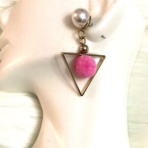 Pink triangle Pom Pom earrings